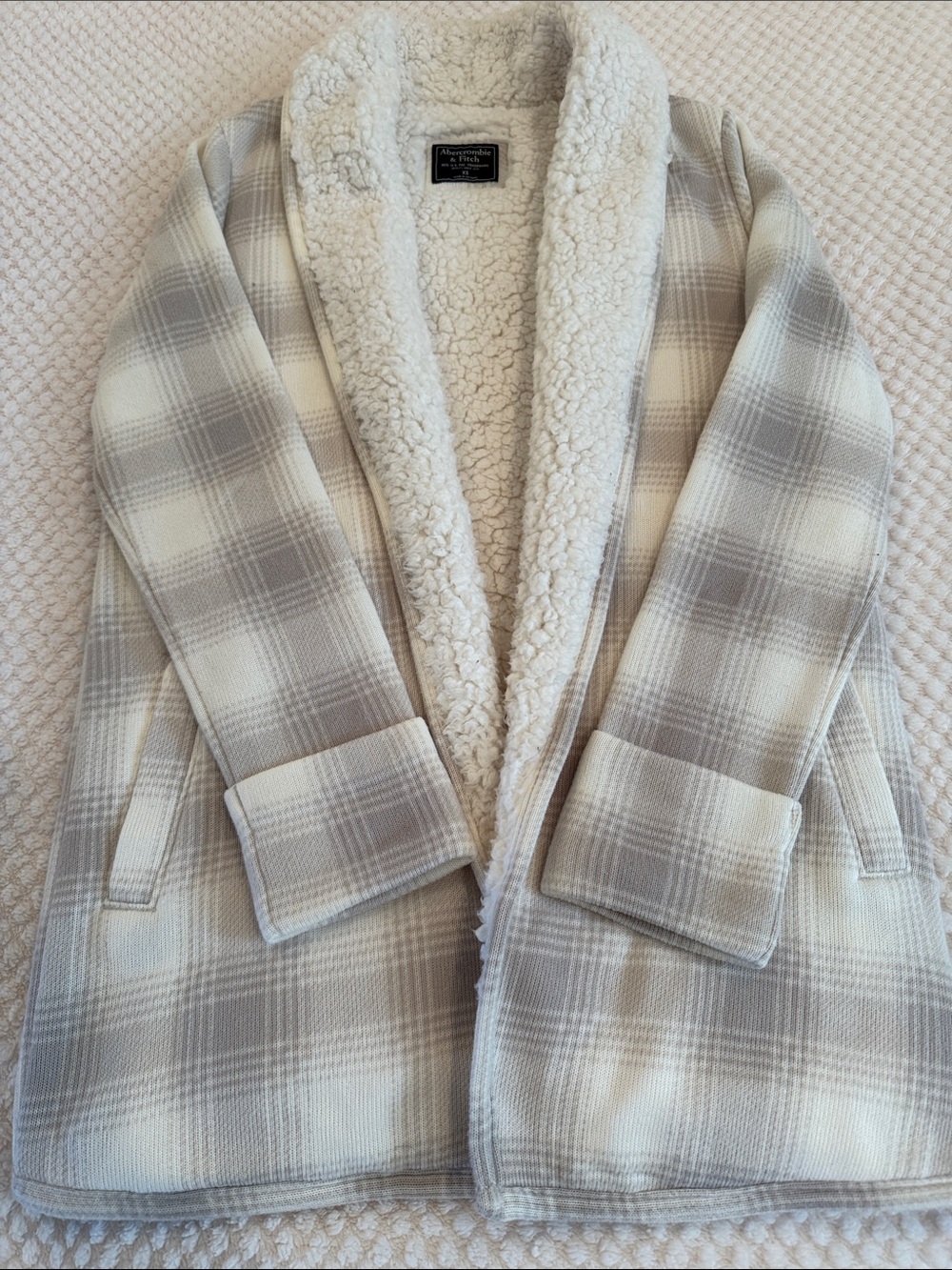 Abercrombie and Fitch Women's Plaid Sherpa-Lined Sweater - Ivory Taupe